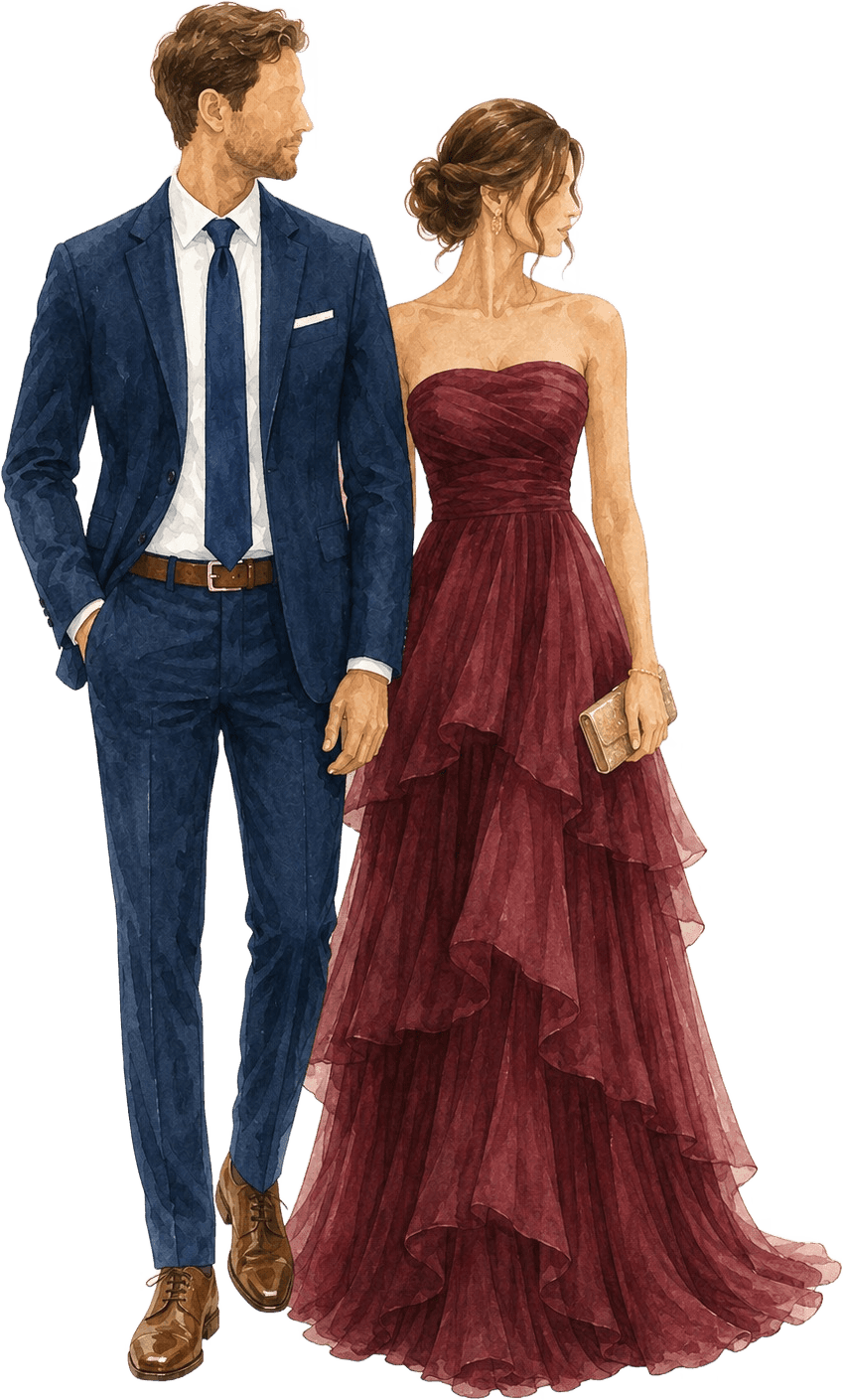 Casal ilustrado em traje formal: ele de terno azul-marinho, ela de vestido longo bordô — referência do dress code